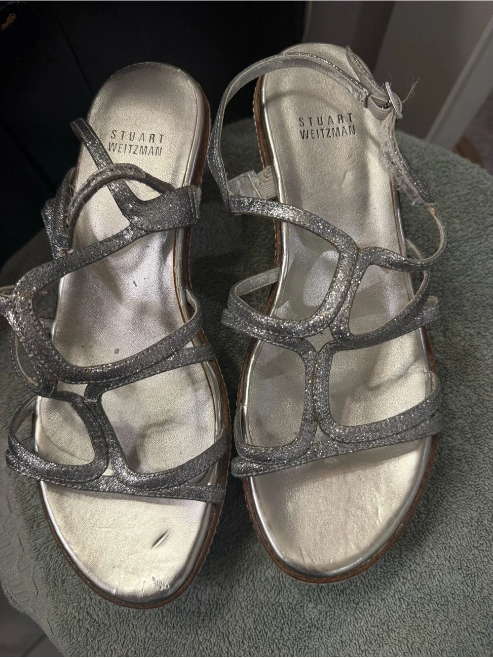 Stuart Weitzman Silver Glitter Espadrille Wedge Sandals Size 8M